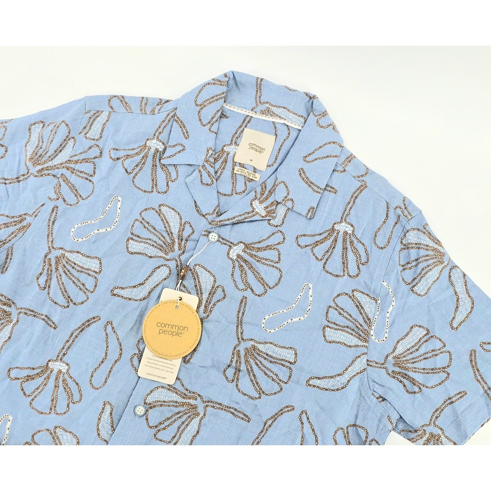 Common People Casto Short Sleeve Shirt Size M Mens Blue Linen Blend Tropical NWT